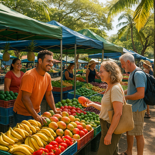 Illustration of shoppers at a traditional Costa Rican farmer's market