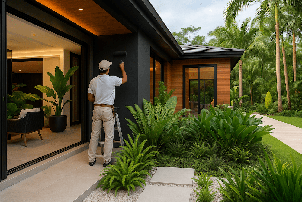 Worker painting a luxury home in Costa Rica