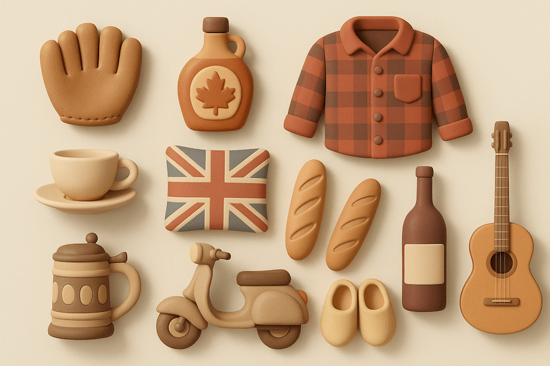 Multiple items in a clay-like motif representing global demographics that buy property in Costa Rica