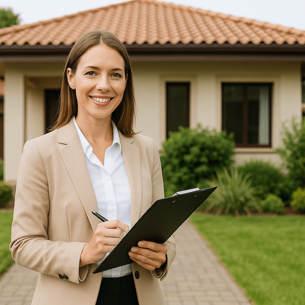 A licensed Costa Rica realtor stands in front of a home for sale.