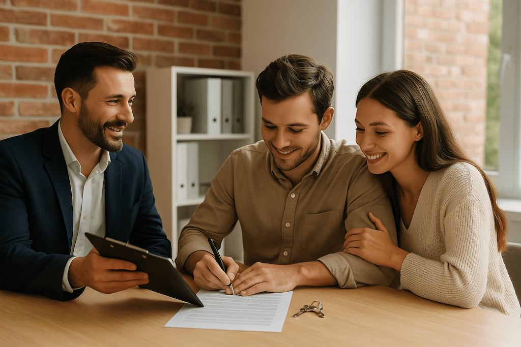 Licensed real estate agent presents an offer to buy to a couple seeking to purchase real estate in Costa Rica