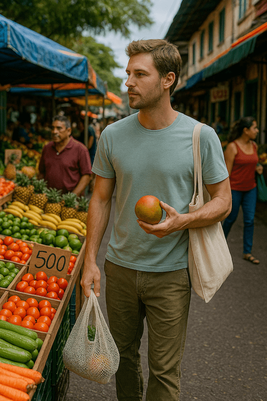 Illustration of a man shopping at the feria in Costa Rica
