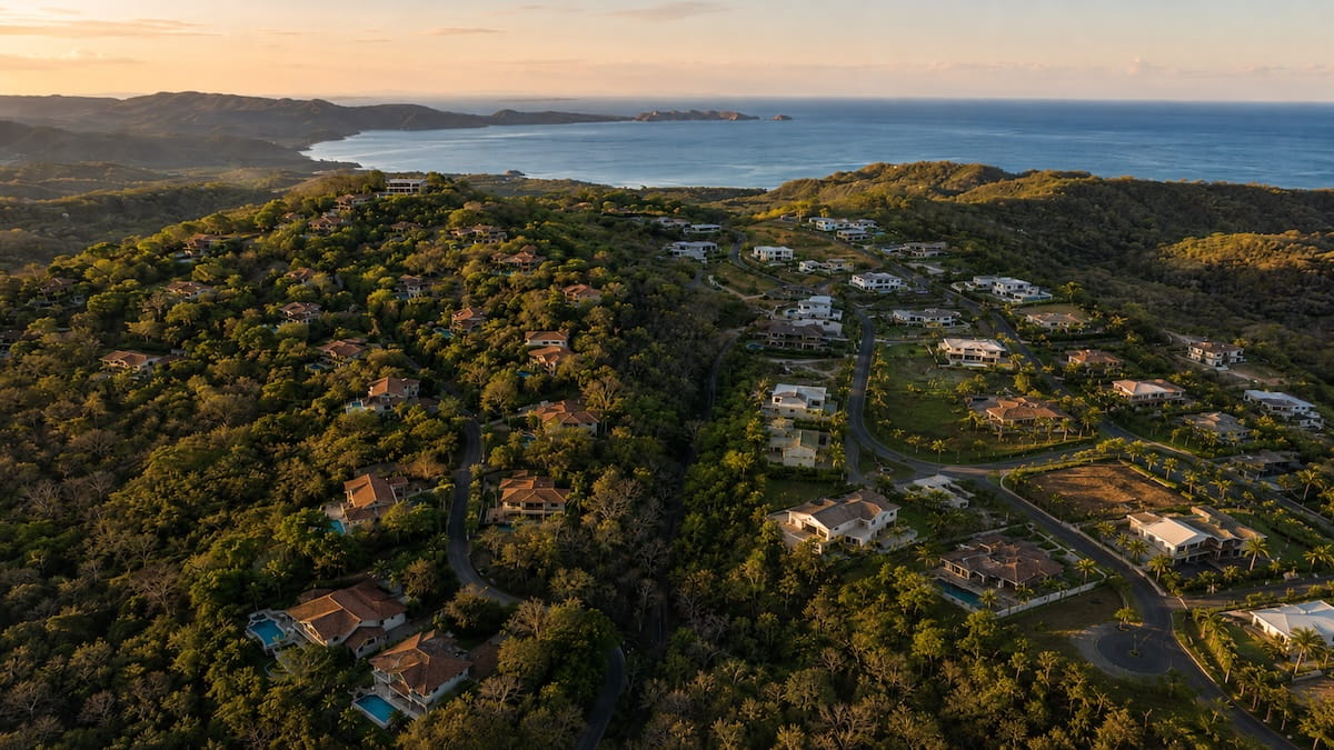 Aerial drone view of newly constructed properties in an established community