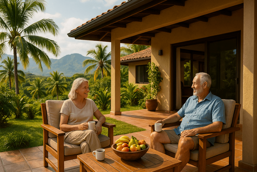 Illustration of a retired couple sitting on their back patio drinking coffee in Costa Rica