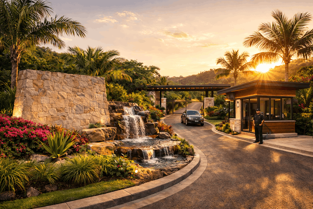 Security guard at the entrance to a luxury community in Costa Rica